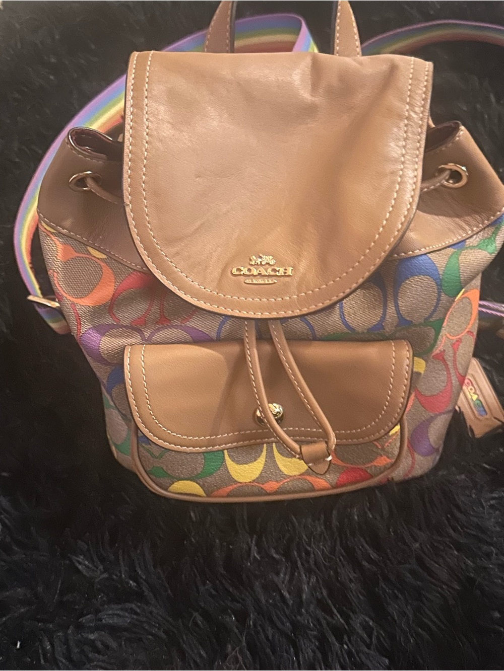 Coach Multicolor Signature C Logo Backpack with Brown Leather Trim